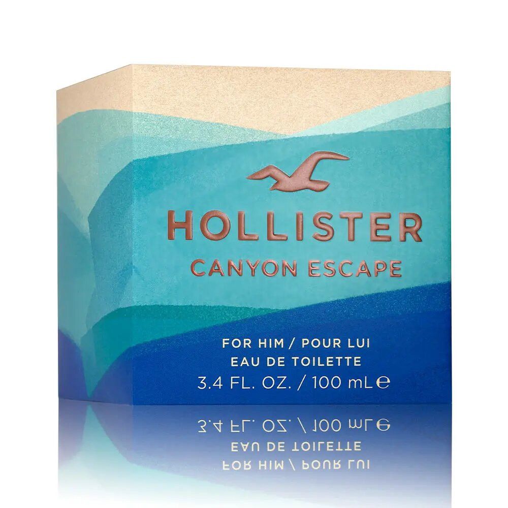 Boîte Hollister Canyon Escape Eau de Toilette. Dégradé bleu et beige, logo et nom du produit.