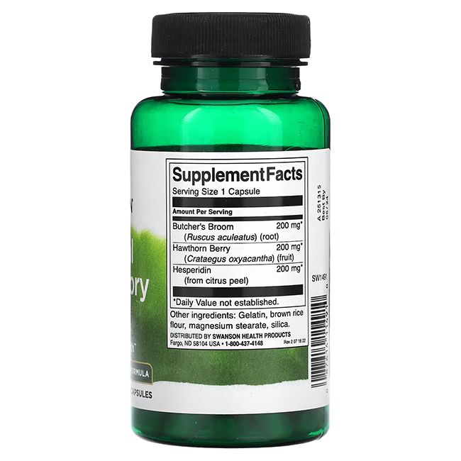 Achterkant groene fles met zwarte dop. Etiket met voedingsfeiten. Ingrediënten: hesperidine, meidoornbes, etc.