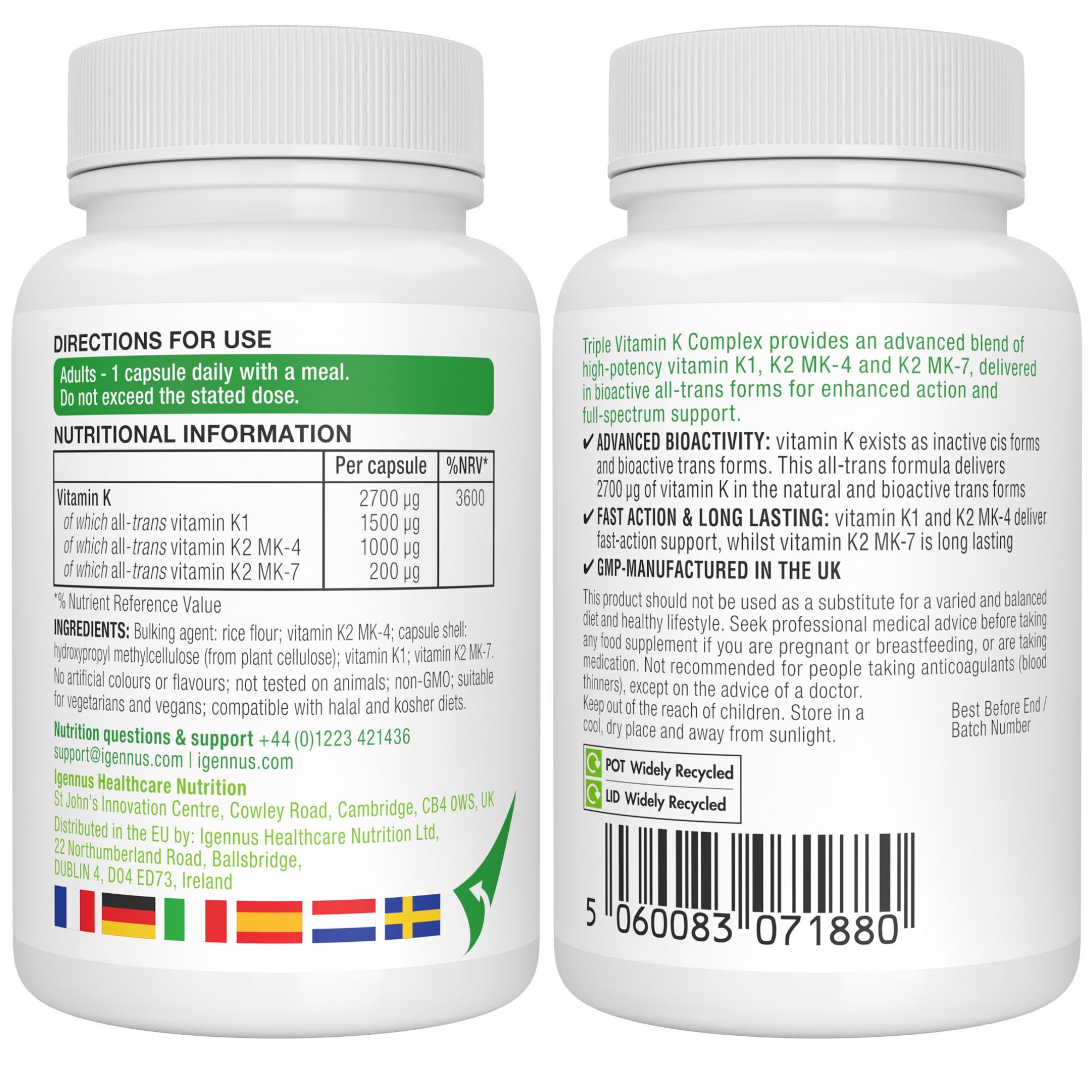 Achter- en voorkant van het Igennus Triple Vitamin K Complex flesetiket.