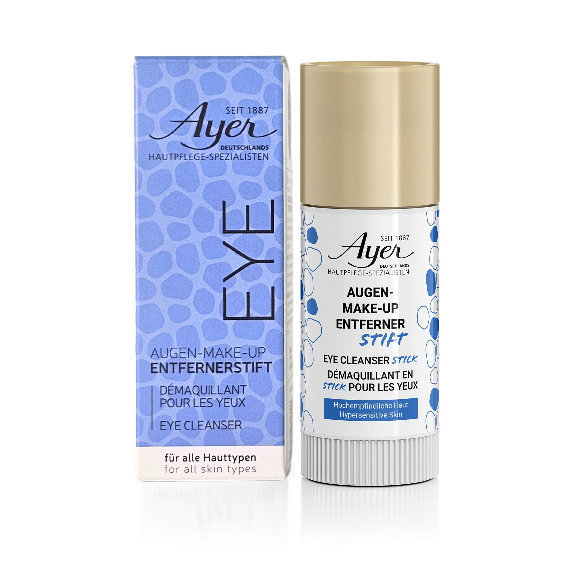 Ayer Eye Cleanser Stick en verpakking. Witte stick met gouden dop. Blauwe verpakking met opschrift: Augen-Make-up Entferner Stift.