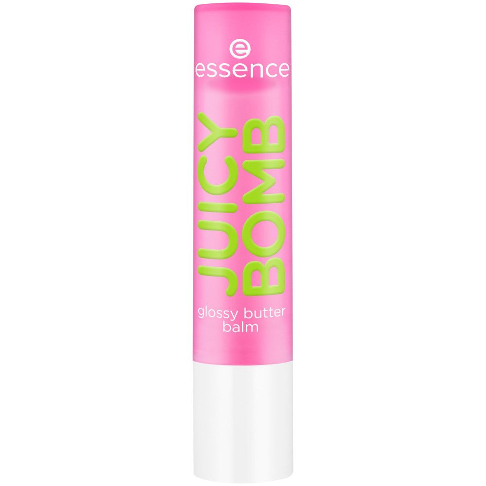 Stick de baume à lèvres rose avec l'inscription verte JUICY BOMB et glossy butter balm. Marque Essence.