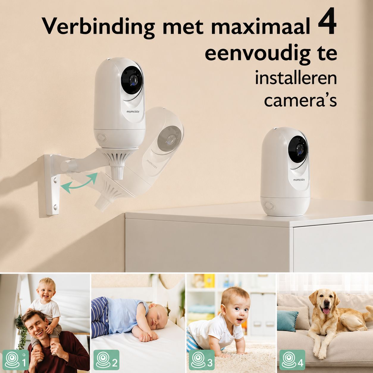 Witte babycamera met draaibare muurbeugel. Daarnaast een camera op een tafel.