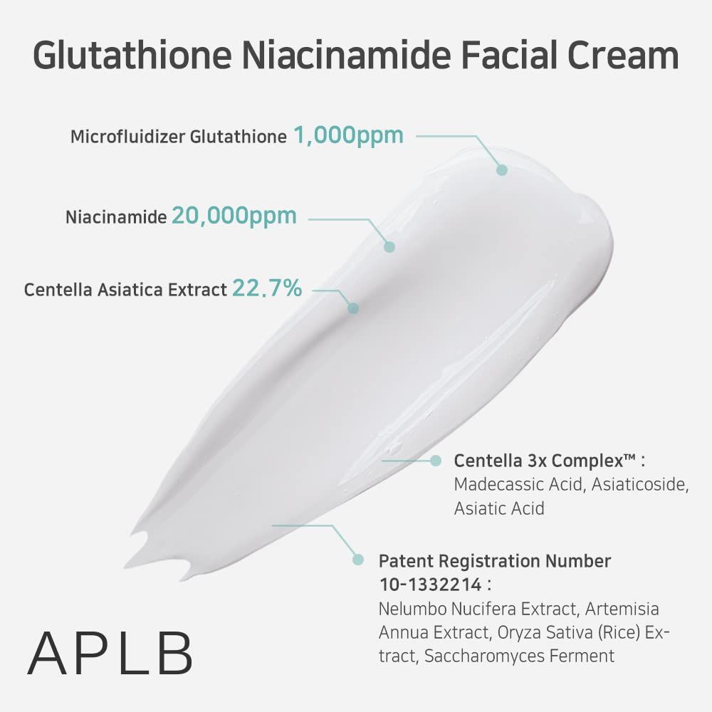 Crèmestaal met aanduidingen voor glutathion, niacinamide en Centella Asiatica extract.