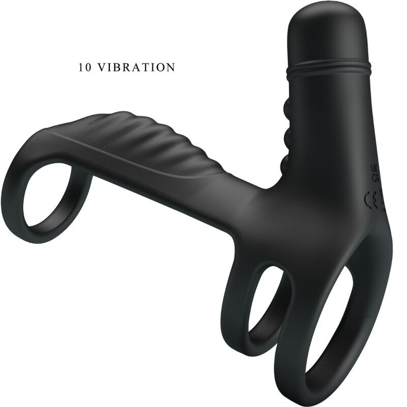 Anneau pénien noir avec nervures, picots et indication '10 VIBRATION'.