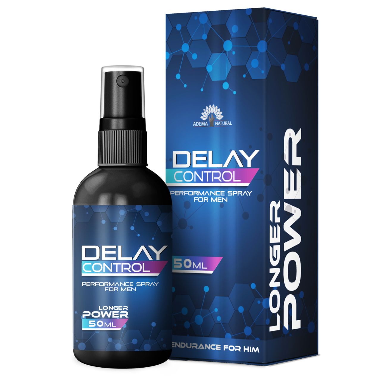Zwarte sprayfles en verpakking. Opschrift: Delay Control, Performance Spray for Men, 50ml. Blauwe verpakking met logo en tekst.