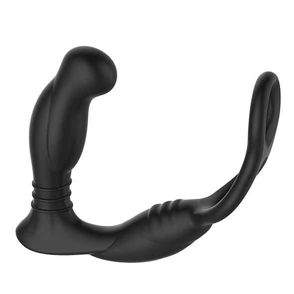 Produit de bien-être noir avec deux anneaux et une extrémité arrondie. Texture cannelée sur la partie incurvée.