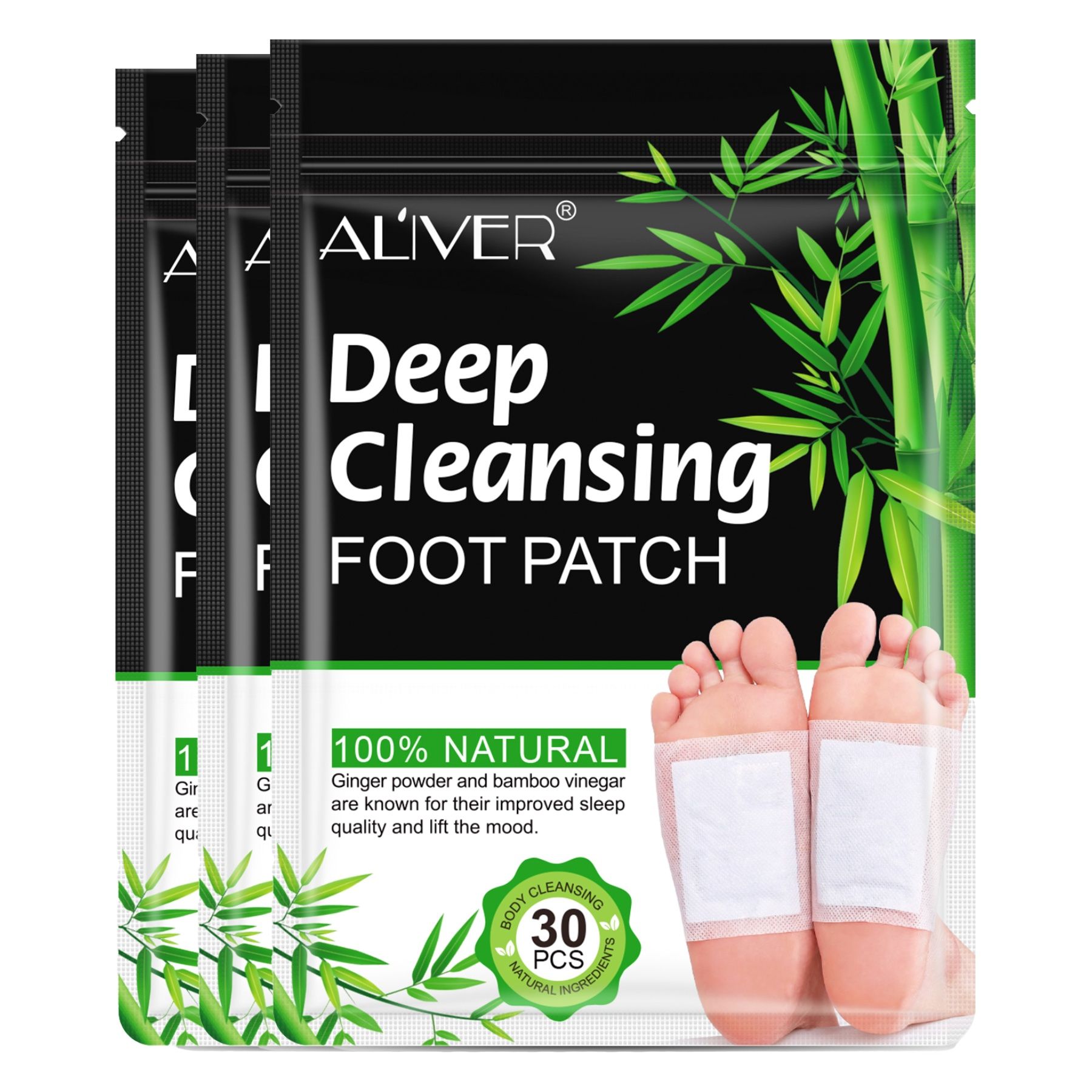 Trois paquets de patchs pour les pieds ALIVER. Emballage noir avec texte et motif bambou. Montre des pieds avec des patchs.