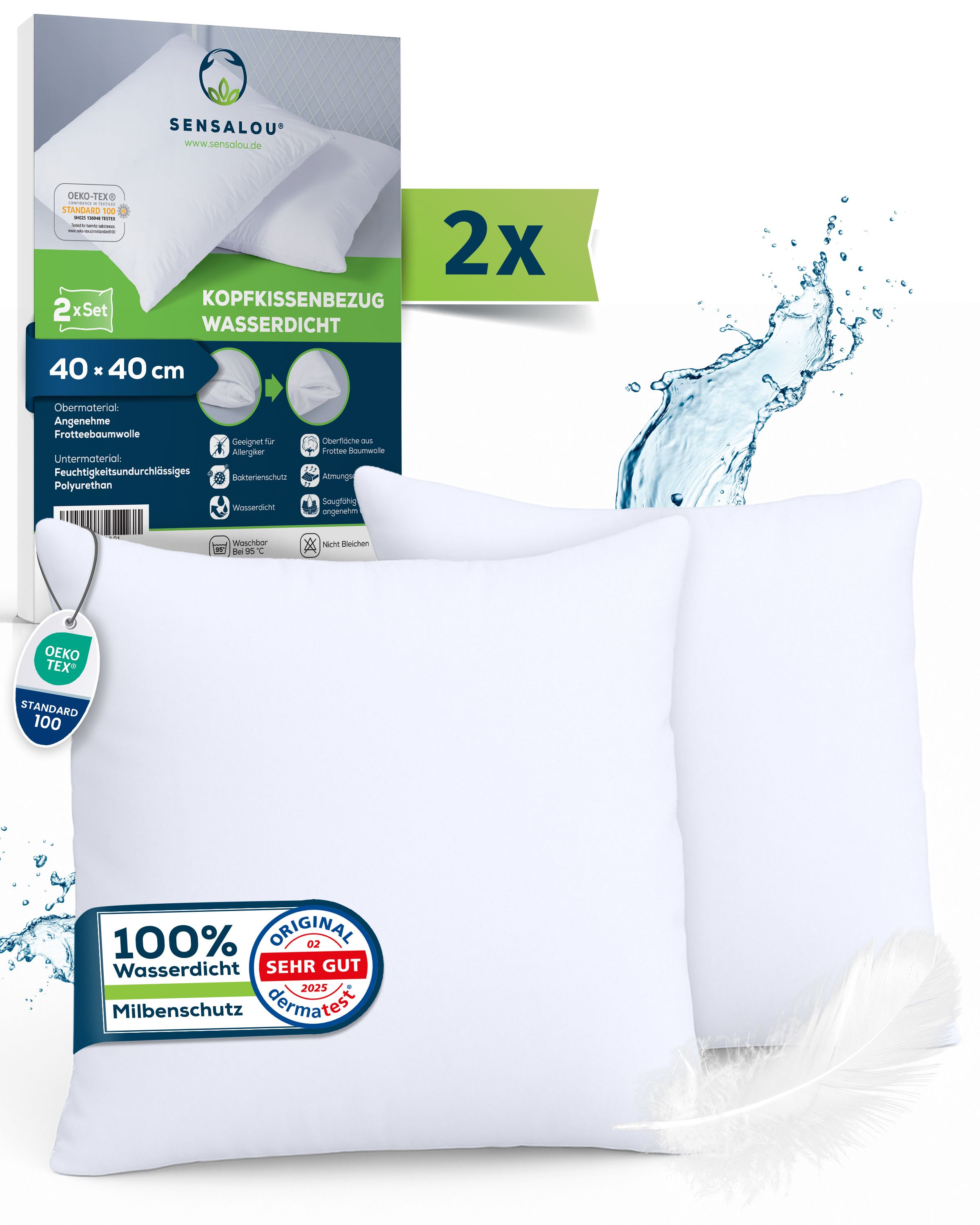 Deux taies d'oreiller blanches. Emballage avec informations produit. Oeko-Tex Standard 100. 100% étanche. Protection anti-acariens.