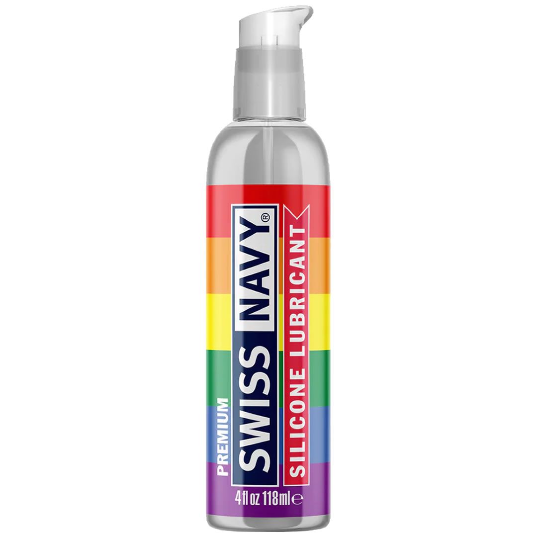 Swiss Navy Premium siliconen glijmiddel, Pride Edition, met pompdosering.