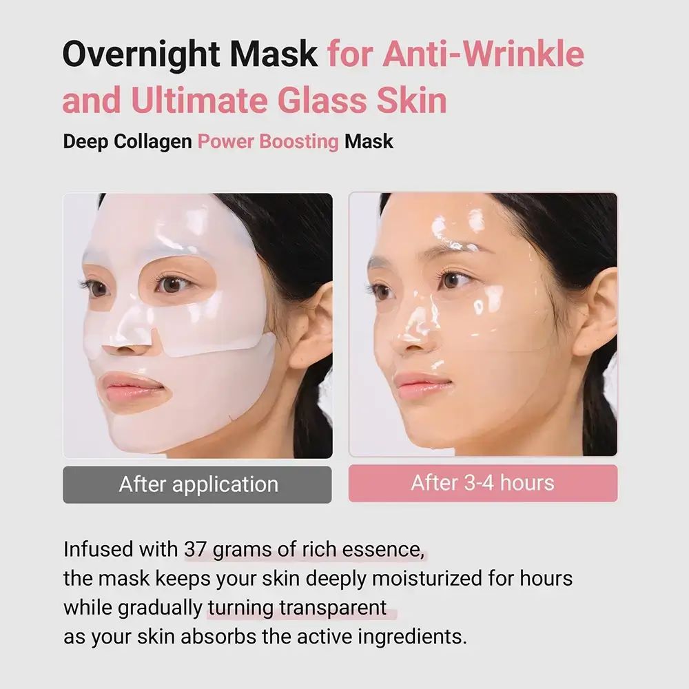 Deux images montrent des visages avec des masques faciaux. Texte: Overnight Mask pour Anti-Wrinkle et Ultimate Glass Skin.