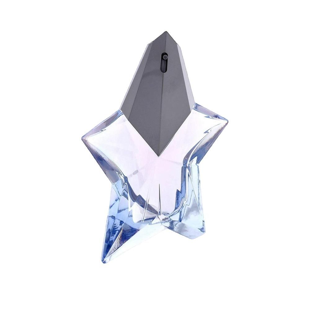 Stervormige fles met grijze dop. De fles is transparant en heeft blauwachtige tinten.