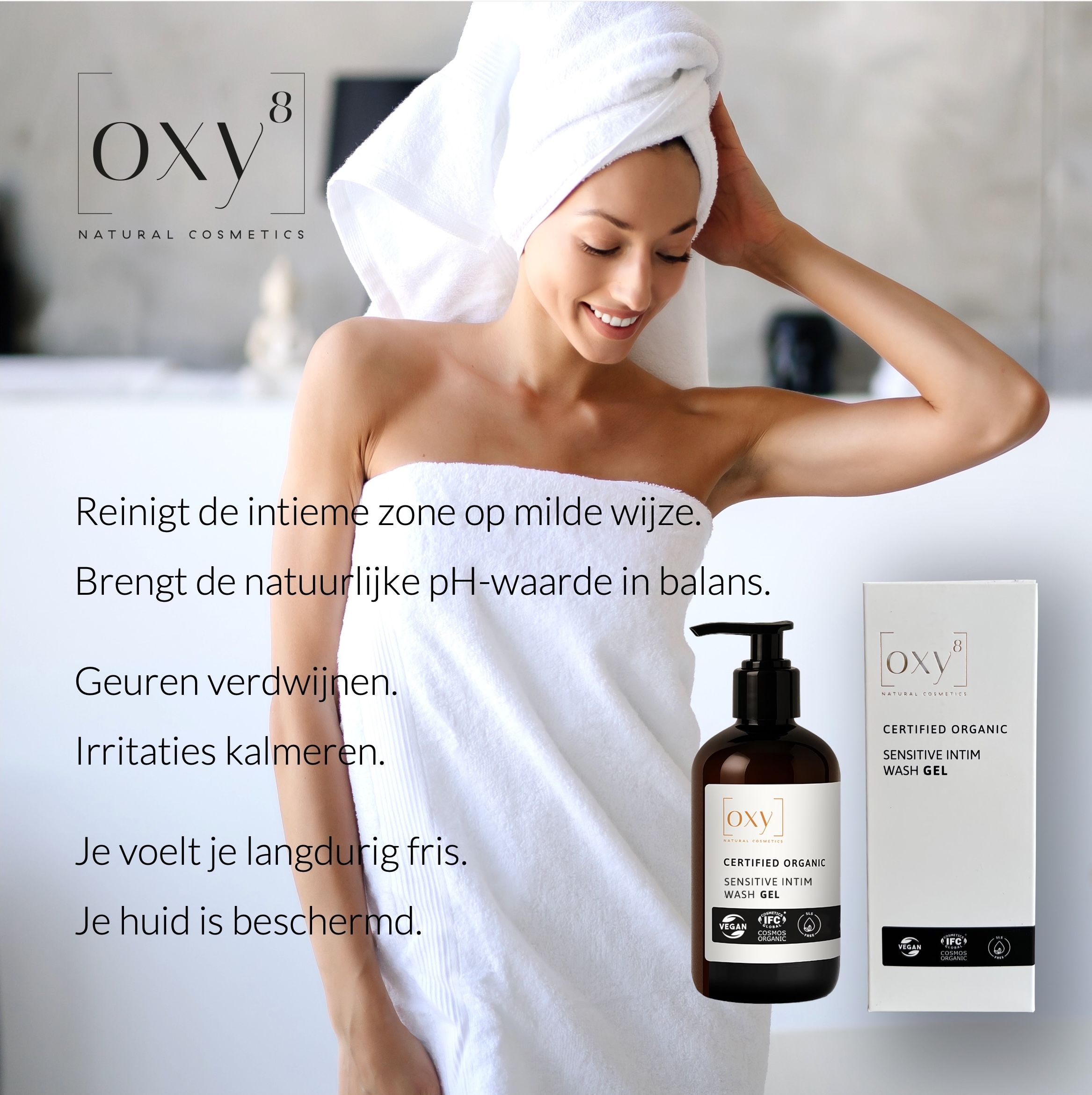 Vrouw met handdoek. Fles en verpakking. Tekst. Vegan- en bio-keurmerken.