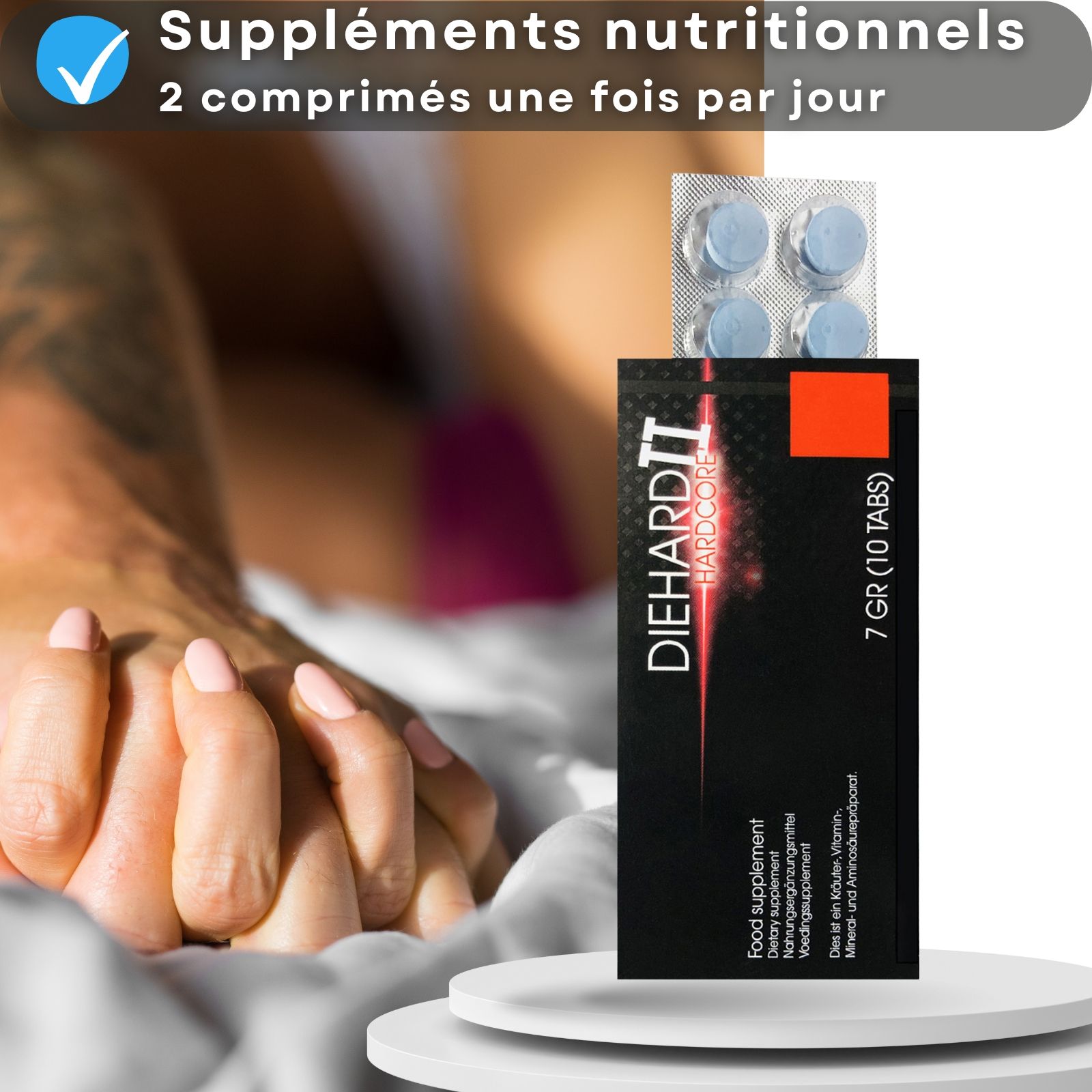 Emballage du produit et comprimés. Inscription : DIEHARD II HARDCORE, 7 GR (10 TABS). Couple au lit.