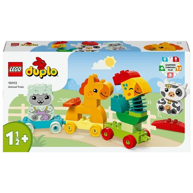 LEGO DUPLO trein met koe, paard, schaap en vogel. Gekleurde blokken op wielen. Verpakking met productnaam en leeftijdsadvies.