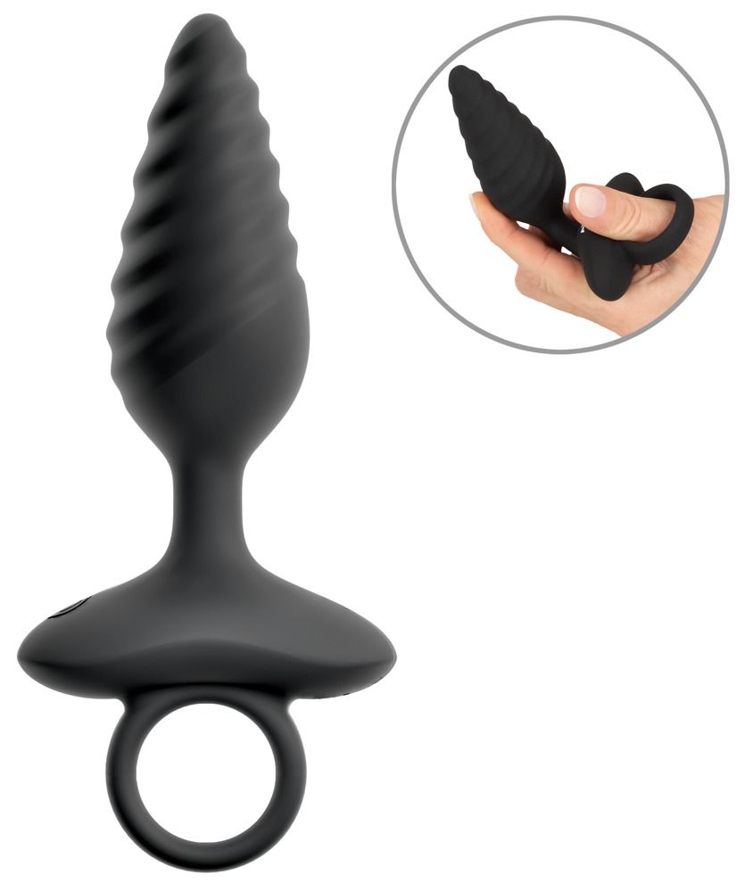 Bouchon anal noir en forme de spirale avec une base large et un anneau intégré.