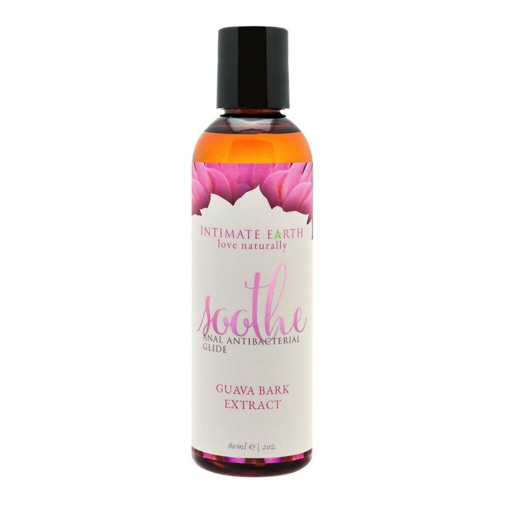 Flacon avec liquide et bouchon noir. Inscriptions: Intimate Earth, Soothe, Guava Bark Extract.