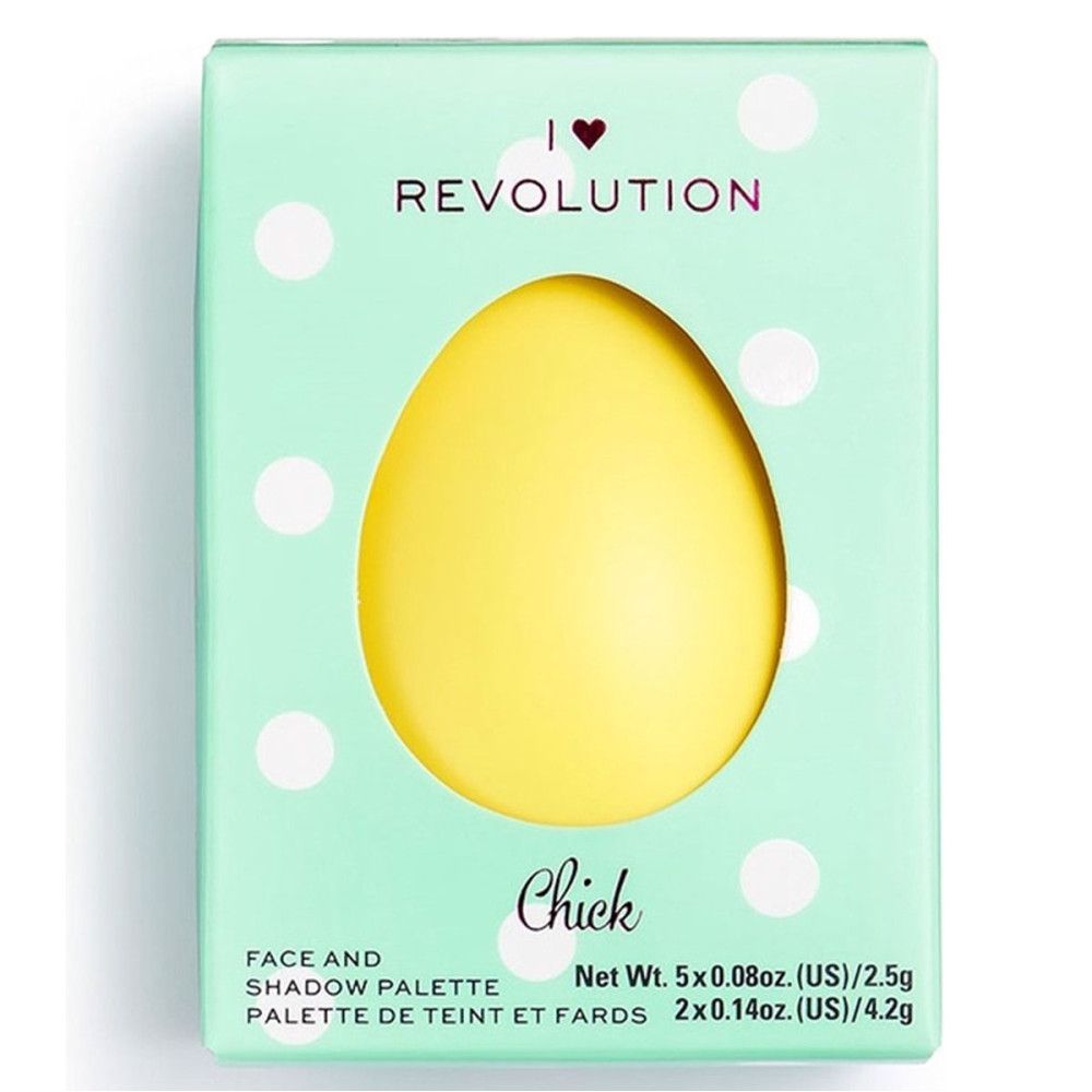 Emballage du produit vert menthe à pois blancs. Design œuf jaune. Texte: 'I ❤️ REVOLUTION', 'Chick', 'FACE AND SHADOW PALETTE'.