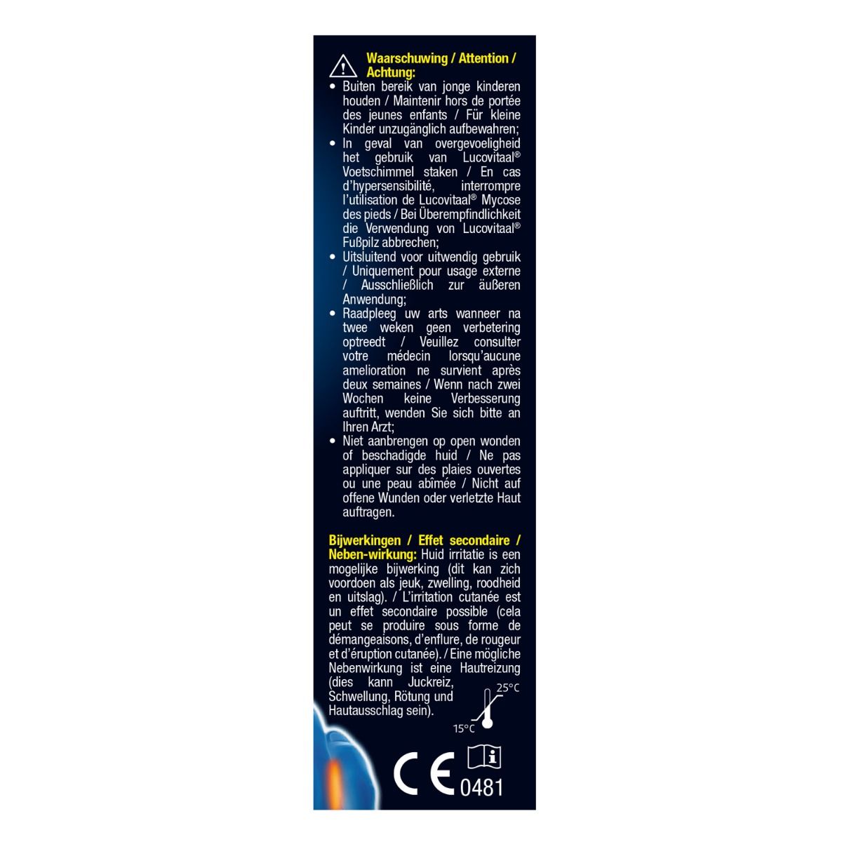 Avertissements sur le tube de gel. Texte en néerlandais, français et allemand. Marquage CE.