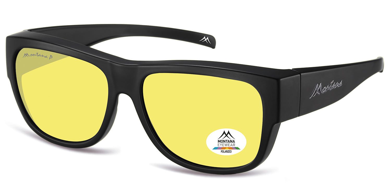 Zwarte zonnebril met gele glazen. Montana Eyewear logo en polarisatie sticker. Zijaanzicht.