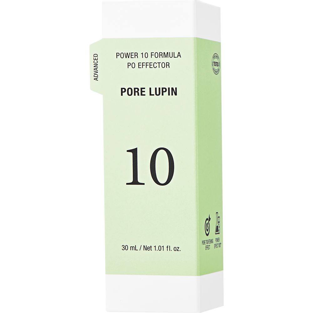 Witte verpakking met groene belettering. Opschrift: Power 10 Formula PO Effector Pore Lupin 10. 30 ml.