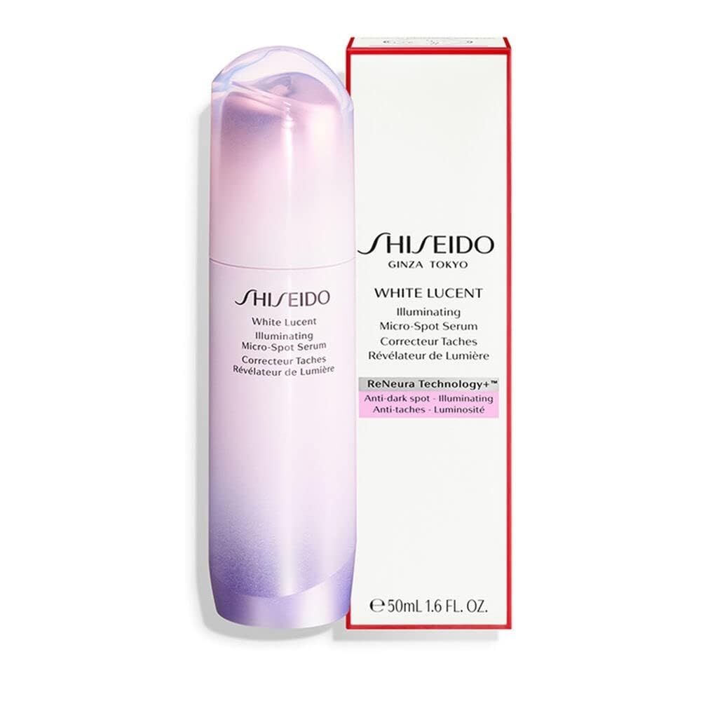 Shiseido White Lucent Serum. Fles en verpakking. Wit-roze verloop. Tekst: White Lucent, Illuminating Micro-Spot Serum, Anti-vlekken.