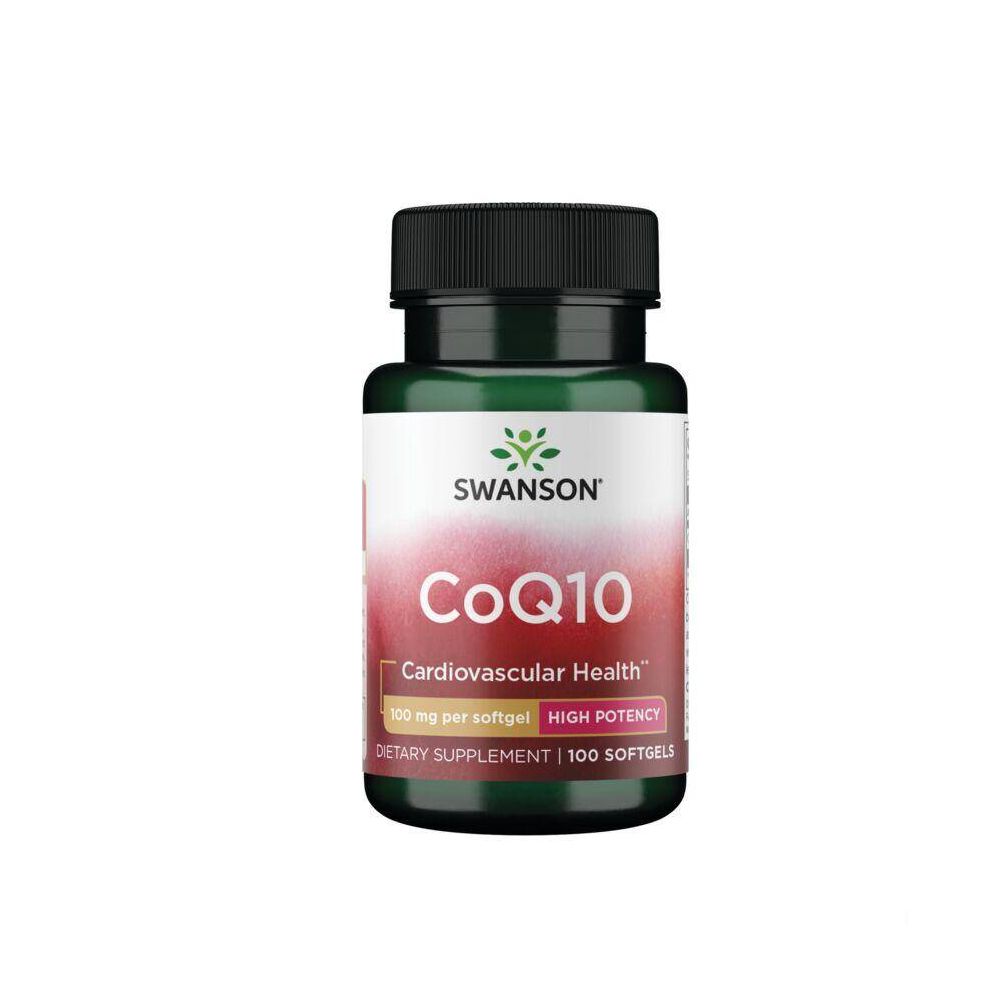Bouteille verte avec bouchon noir, contient 100 softgels CoQ10.