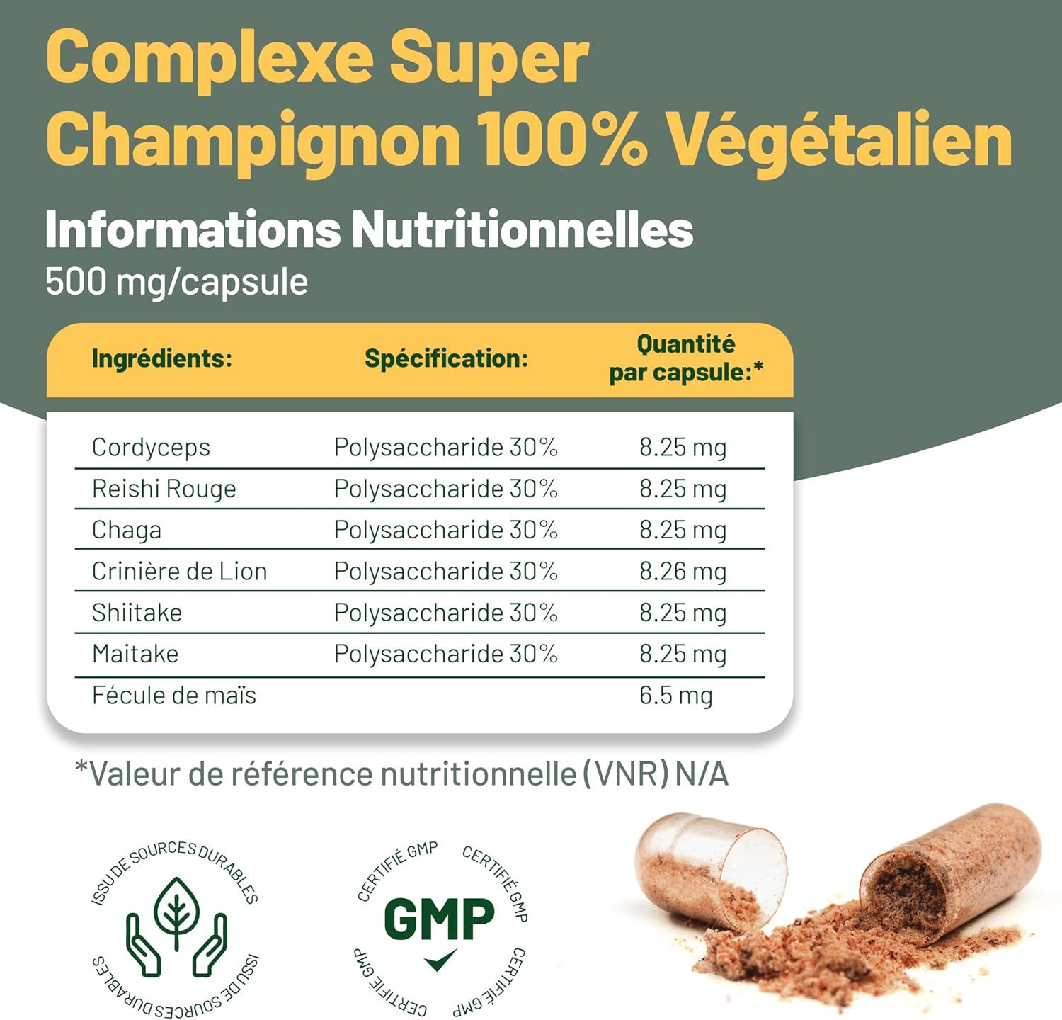 Gélule de complexe de champignons, tableau nutritionnel avec ingrédients tels que Cordyceps, Reishi, Chaga, Crinière de Lion, Shiitake, Maitake.
