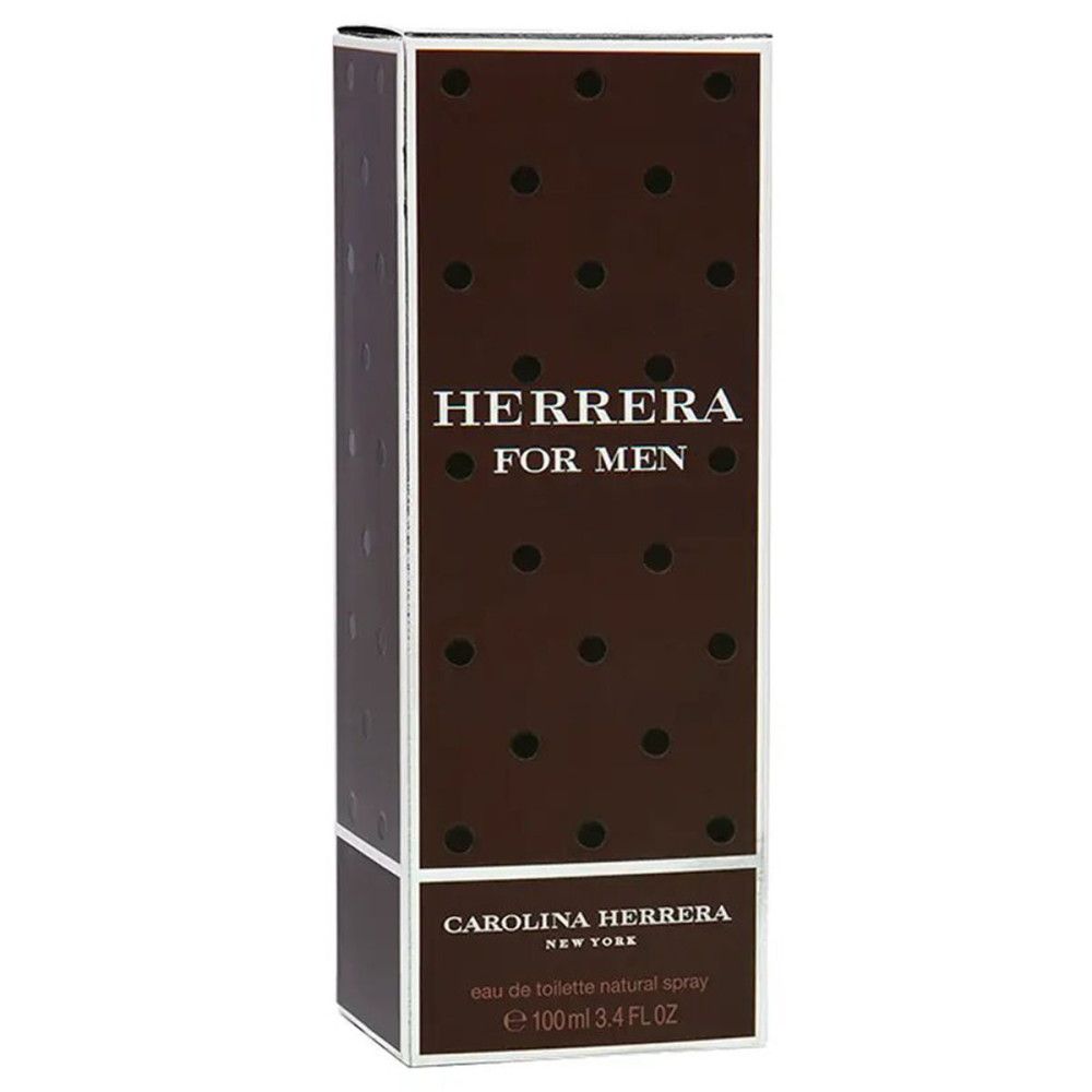 Herrera For Men Eau de Toilette verpakking. Bruine doos met stippen, opschrift.