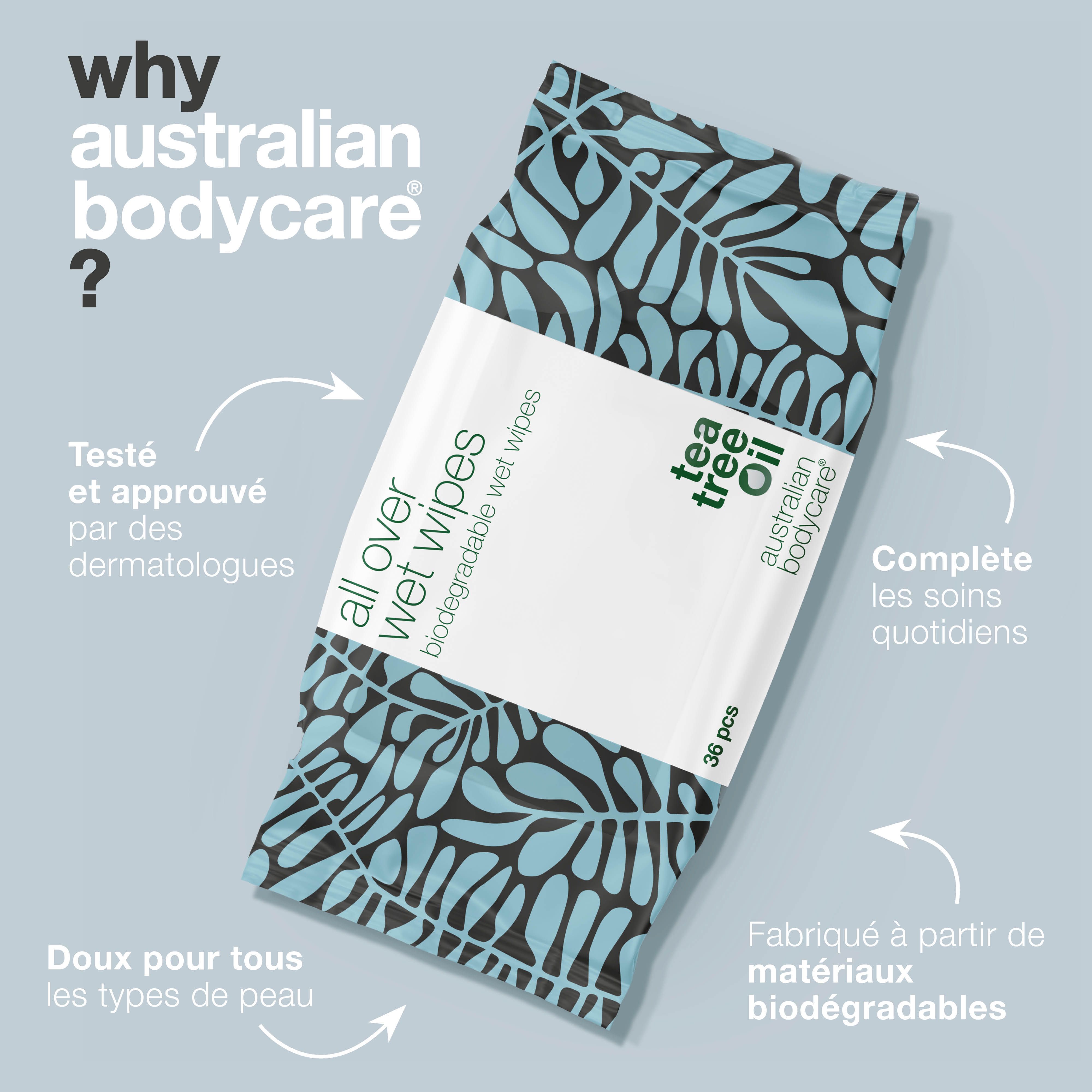 Paquet de lingettes humides au Tea Tree Oil. Texte : all over wet wipes. Texte : Australian Bodycare. Texte : Why Australian Bodycare ?