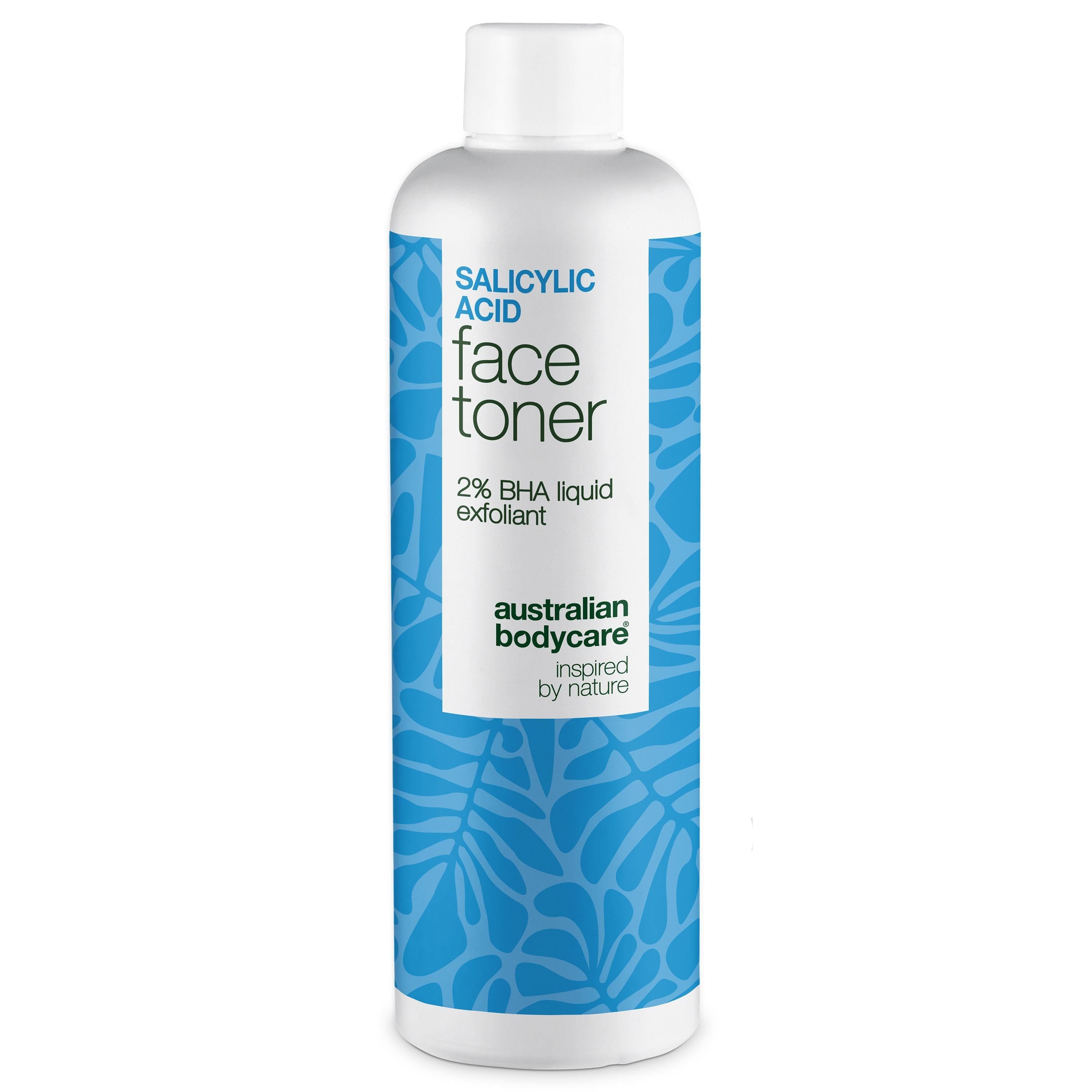 Witte fles met blauw etiket. Opschrift: Salicylic Acid Face Toner, 2% BHA liquid exfoliant.