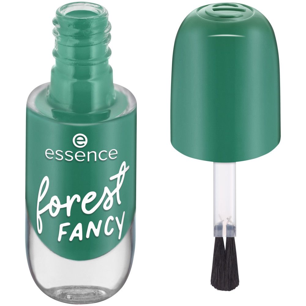 Flacon de vernis à ongles vert. Marque Essence, texte "forest FANCY". Pinceau visible.