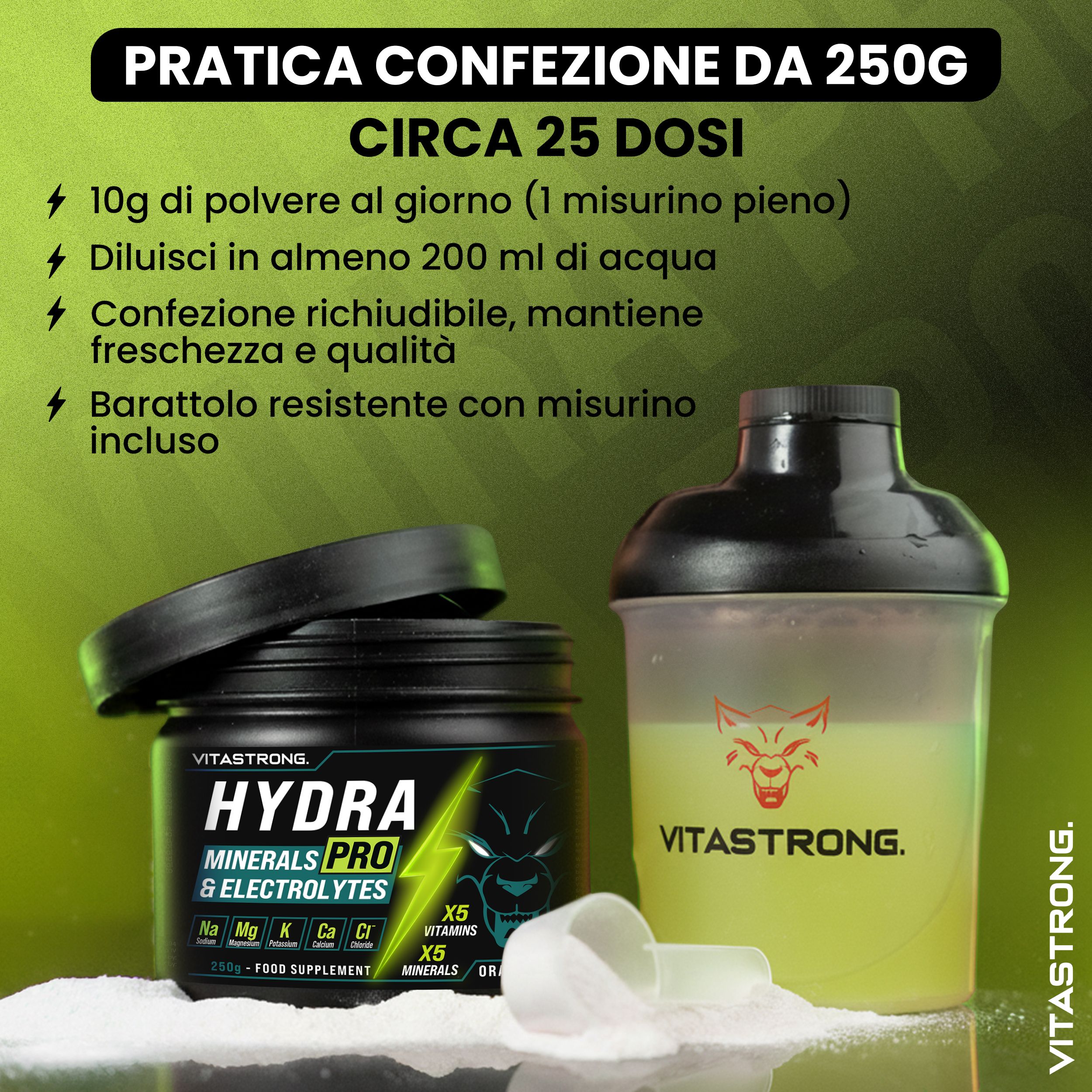 Product, shaker en maatlepel. Tekst: "HYDRA PRO". Vitastrong.