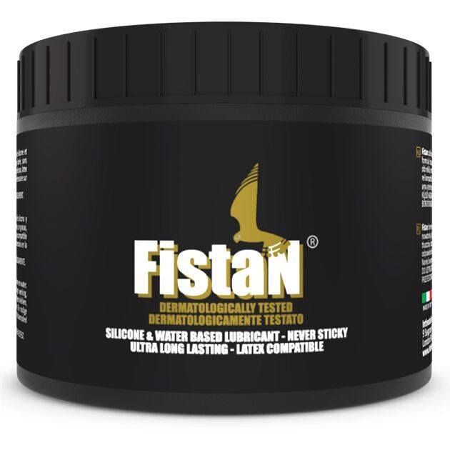 Pot noir avec couvercle. Inscription "Fistan" et logo. Texte : Testé dermatologiquement, à base de silicone et d'eau, longue durée.