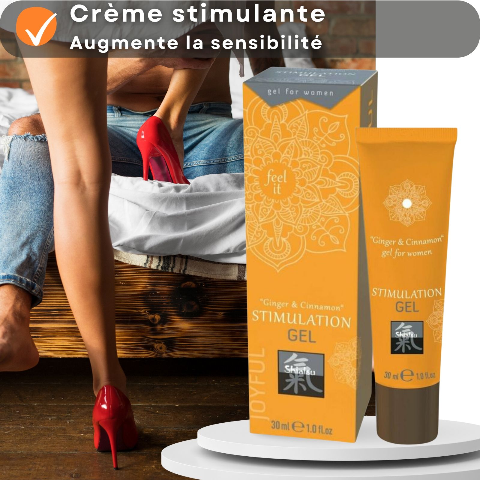 Emballage produit avec texte. Boîte et tube orange. Contient 30ml. Marque : Shiatsu.