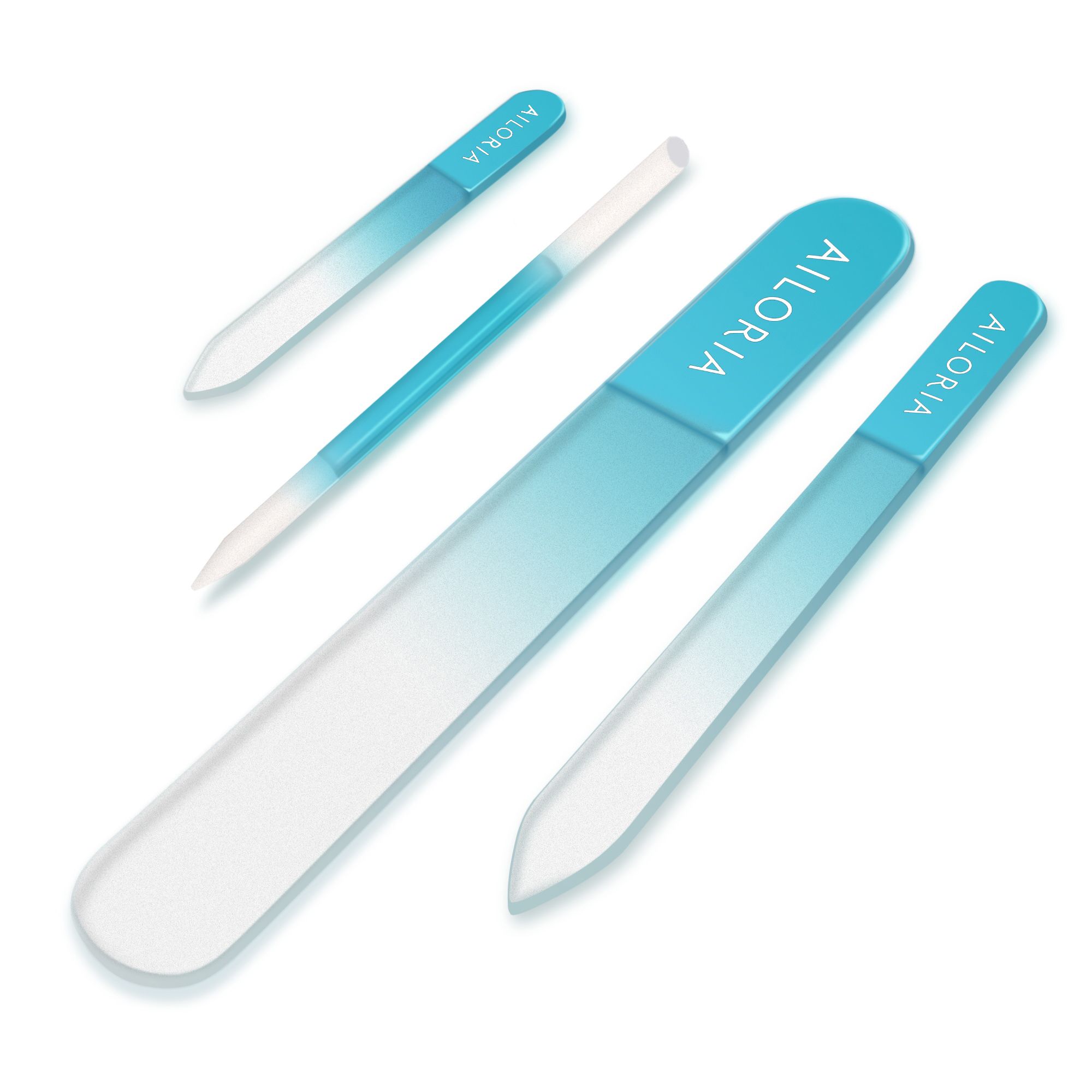 Quatre limes à ongles en verre de différentes formes et tailles. Les limes sont bleues et blanches et portent le nom de marque AILORIA.