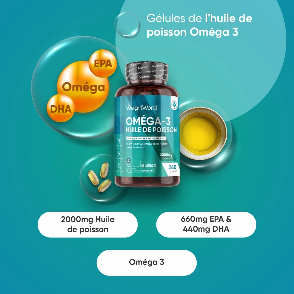 Flacon d'huile Oméga-3. Texte : 2000mg d'huile, 660mg EPA, 440mg DHA. WeightWorld.