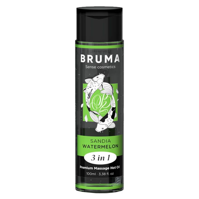Bruma massageolie fles met zwarte dop en etiket met koi vissen en tekst.