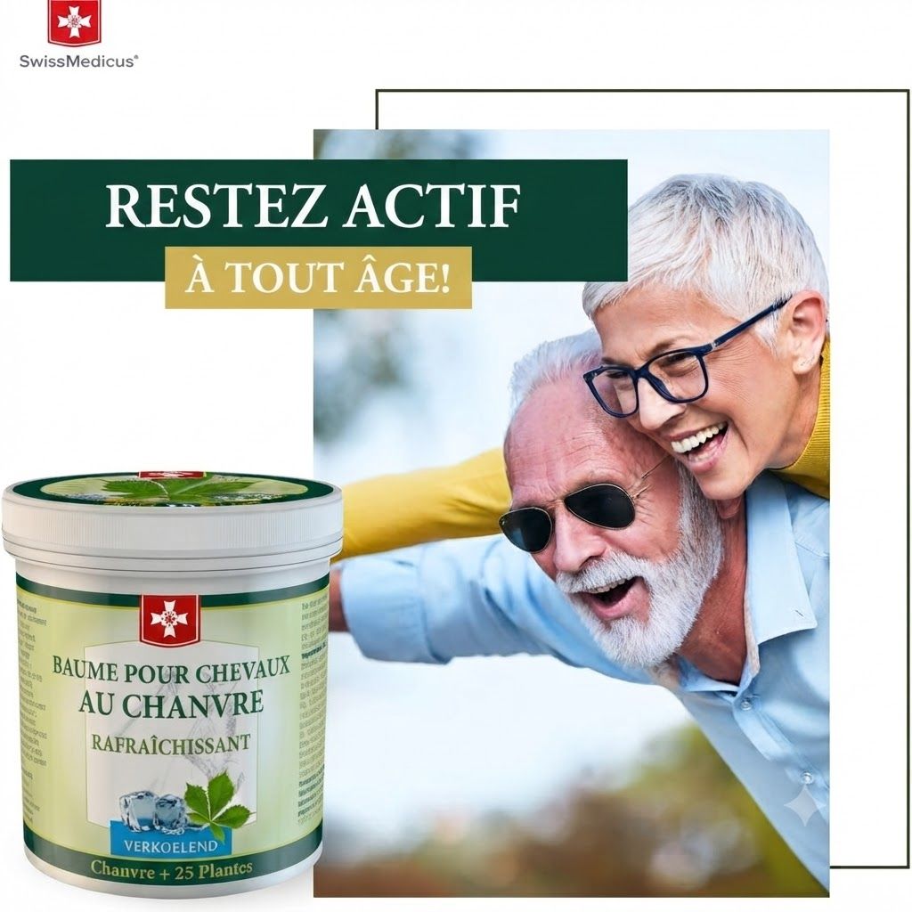 Un pot blanc de baume au chanvre, étiqueté 'Baume pour chevaux au chanvre'.