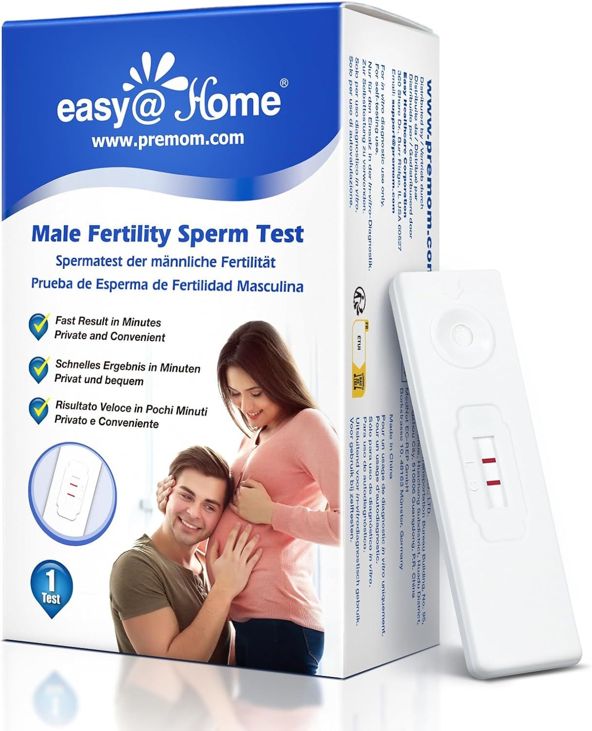 Verpakking en teststrip. Opschrift: easy@home, Male Fertility Sperm Test. Afgebeeld: koppel, zwangere vrouw.