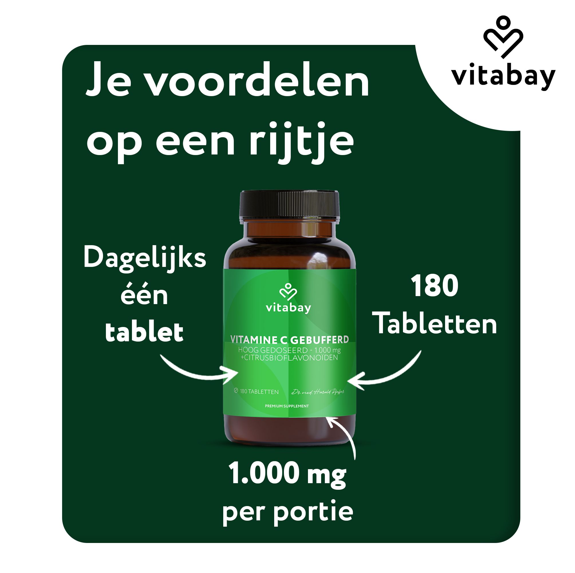 Vitabay Vitamine C 1000 mg fles, achterkant met voedingswaarde en keurmerken.