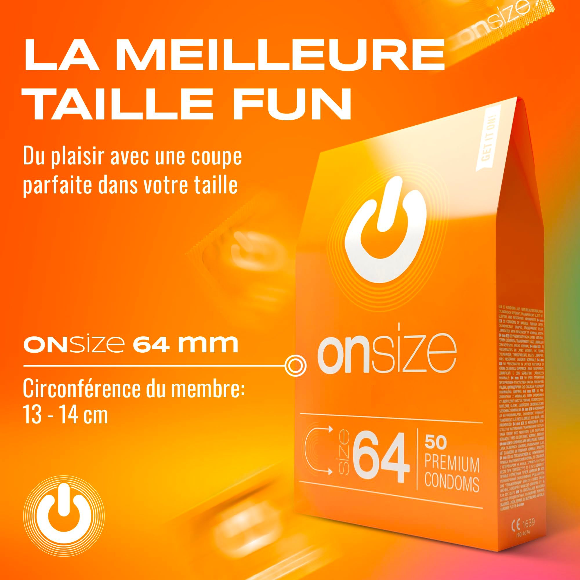 Préservatifs ONsize 64mm. Texte: La meilleure dimension du plaisir. Circonférence 13-14 cm.