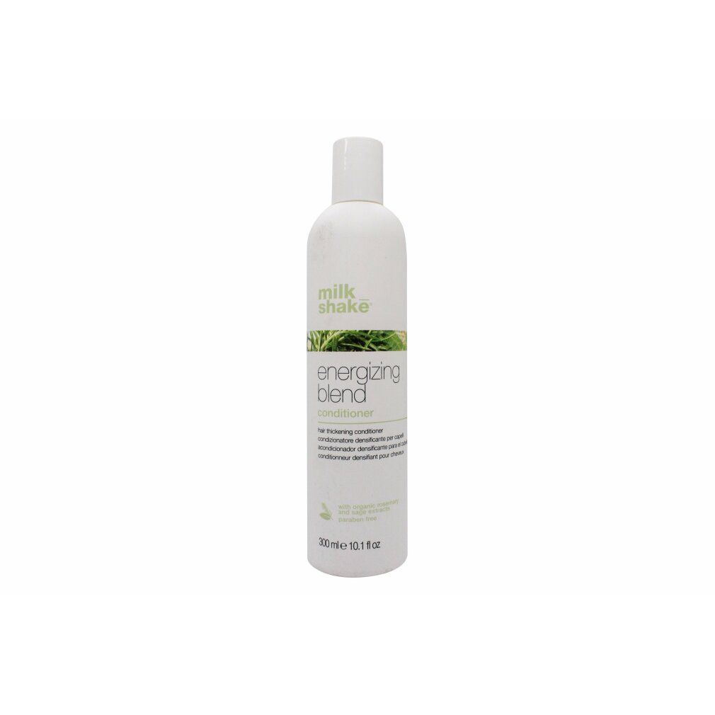 Witte fles met groene opdruk. Opschrift: milk_shake Energizing Blend Conditioner. Bevat rozemarijn- en salie-extracten. 300 ml.