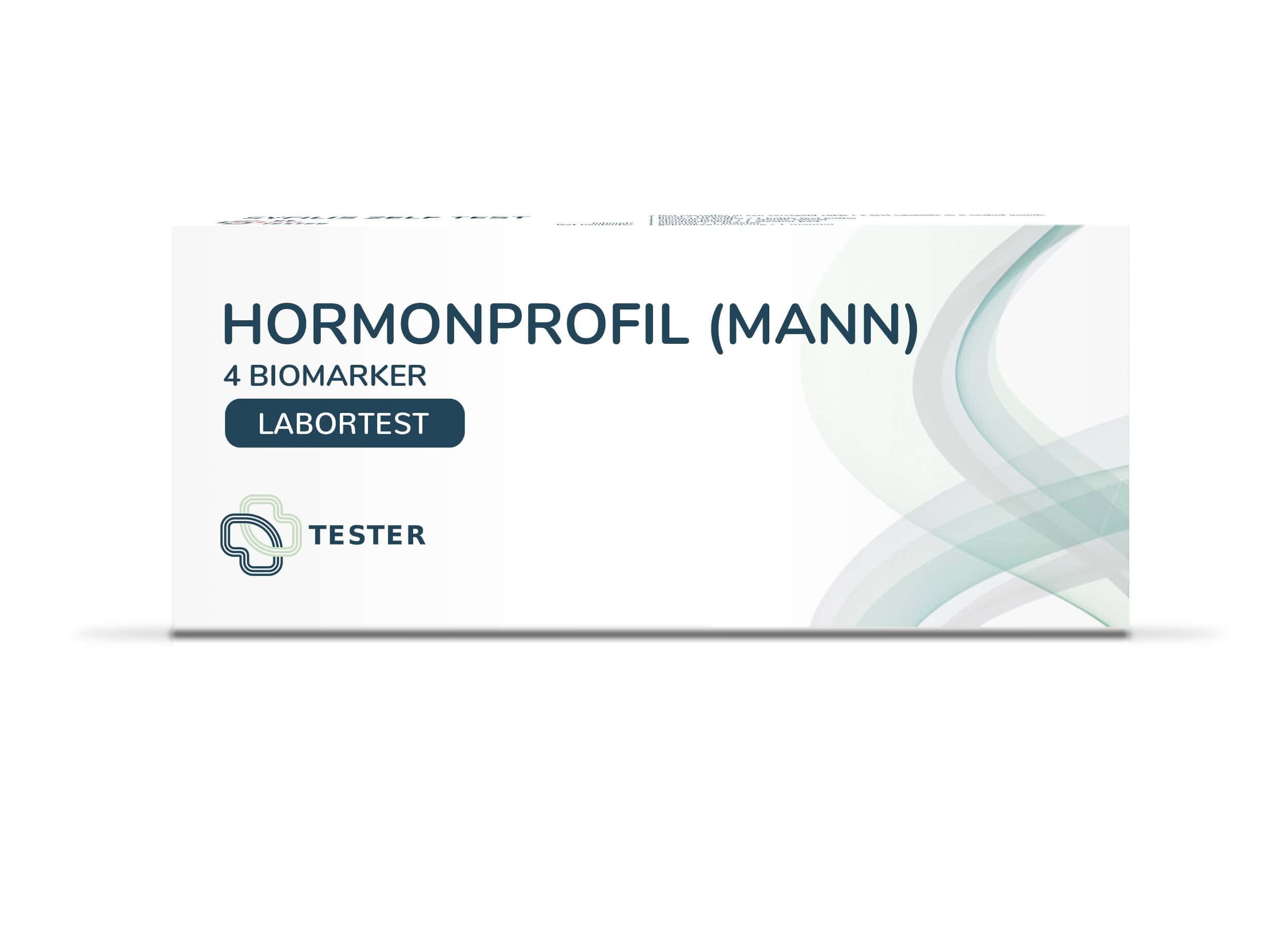 Witte doos met tekst Hormonprofil (Mann), 4 Biomarkers, Labortest. Logo Tester.