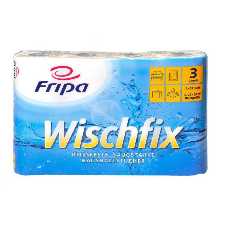 Rouleau de cuisine Fripa Wischfix, 3 épaisseurs. Emballage avec informations et logo. Emballage bleu avec motif d'eau.