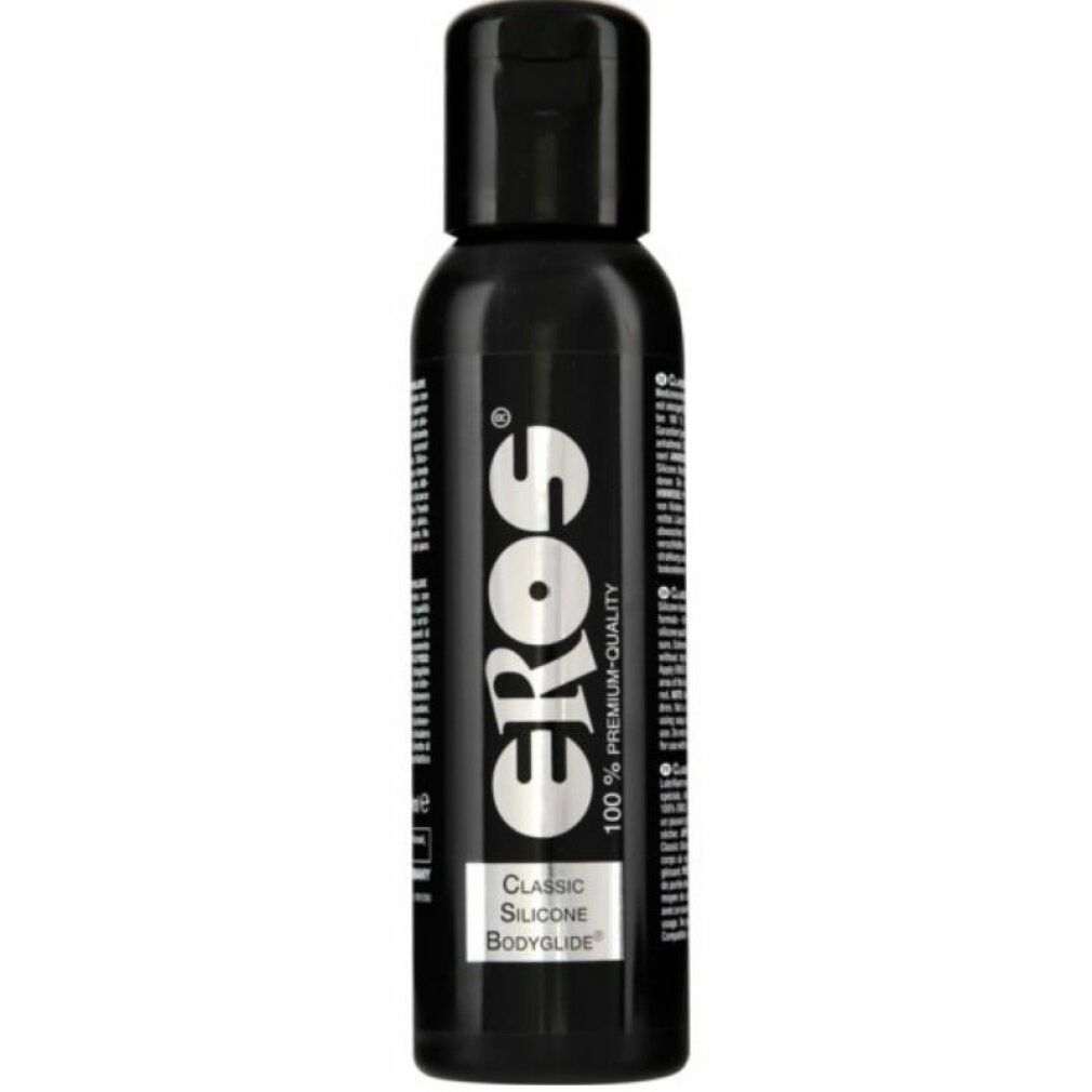 Zwarte fles met Eros Bodyglide Classic Silicone opdruk.