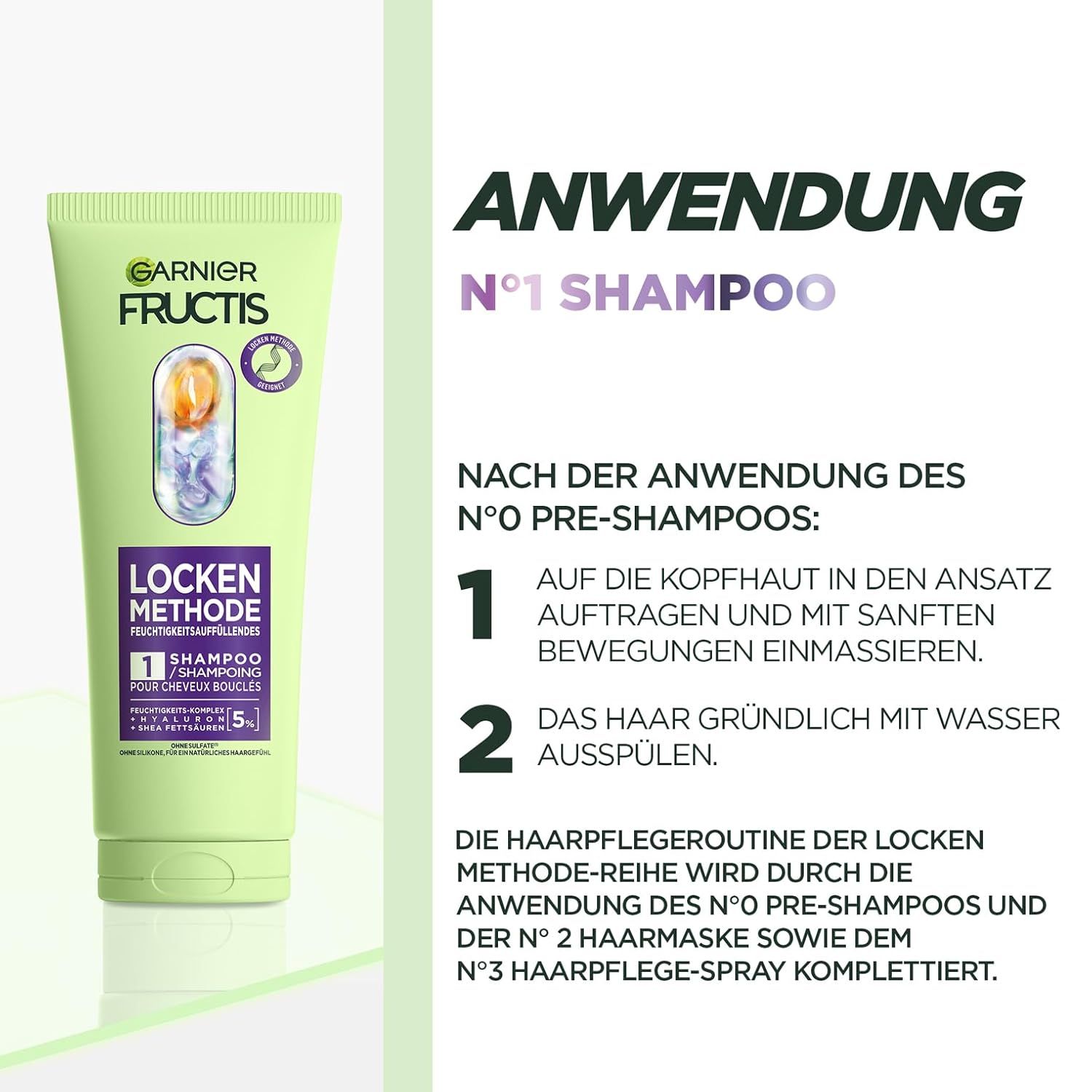 Instructions d'utilisation du shampooing Garnier Fructis Locken Methode. Texte: Utilisation, N°1 Shampooing. Étapes 1 et 2, ainsi que d'autres produits.