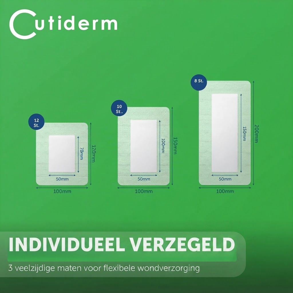 Drie Cutiderm pleisters in verschillende maten (100x120mm, 100x150mm, 100x200mm) met centrale wondcompressen.