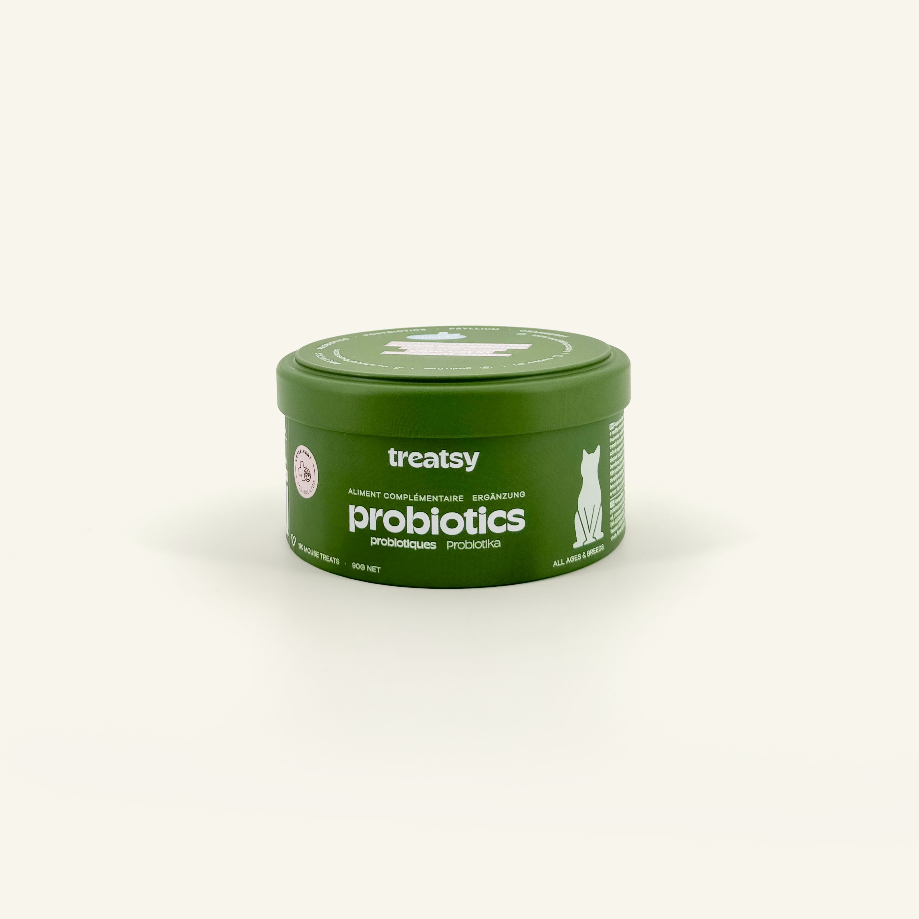 Boîte verte « Treatsy Probiotics » pour chats. Fond blanc.
