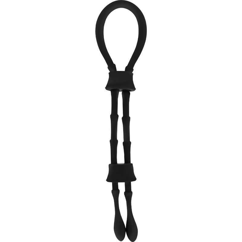 Anneau noir en silicone avec deux cordons réglables et embouts en goutte, vu de face.