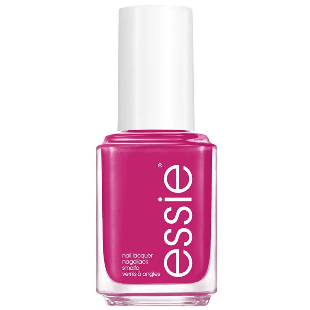 Essie nagellakflesje, roze, met witte dop. Logo en productnaam.